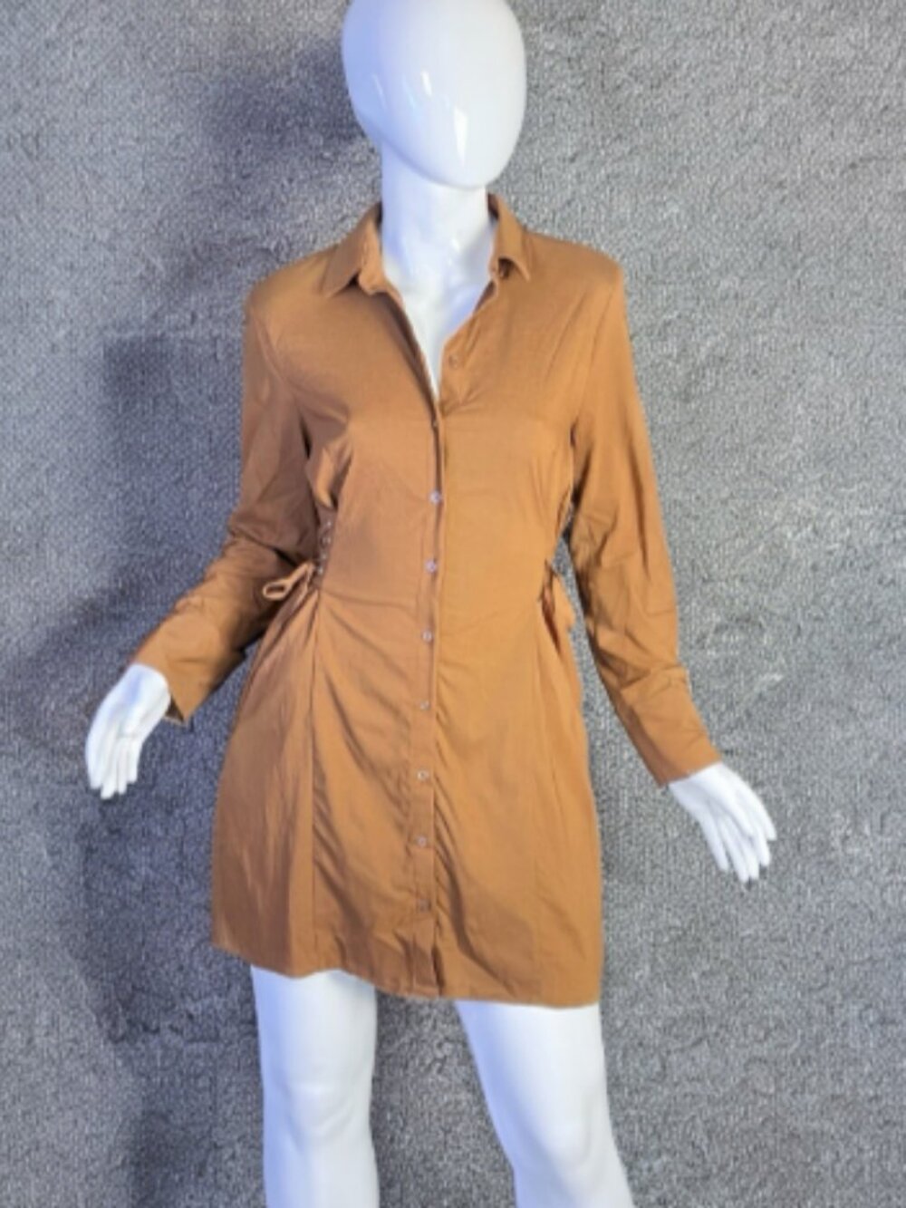 NWT STORY ON SIZE M Womens Caramel Brown Long Sleeve Western Shoelace Tie Dress